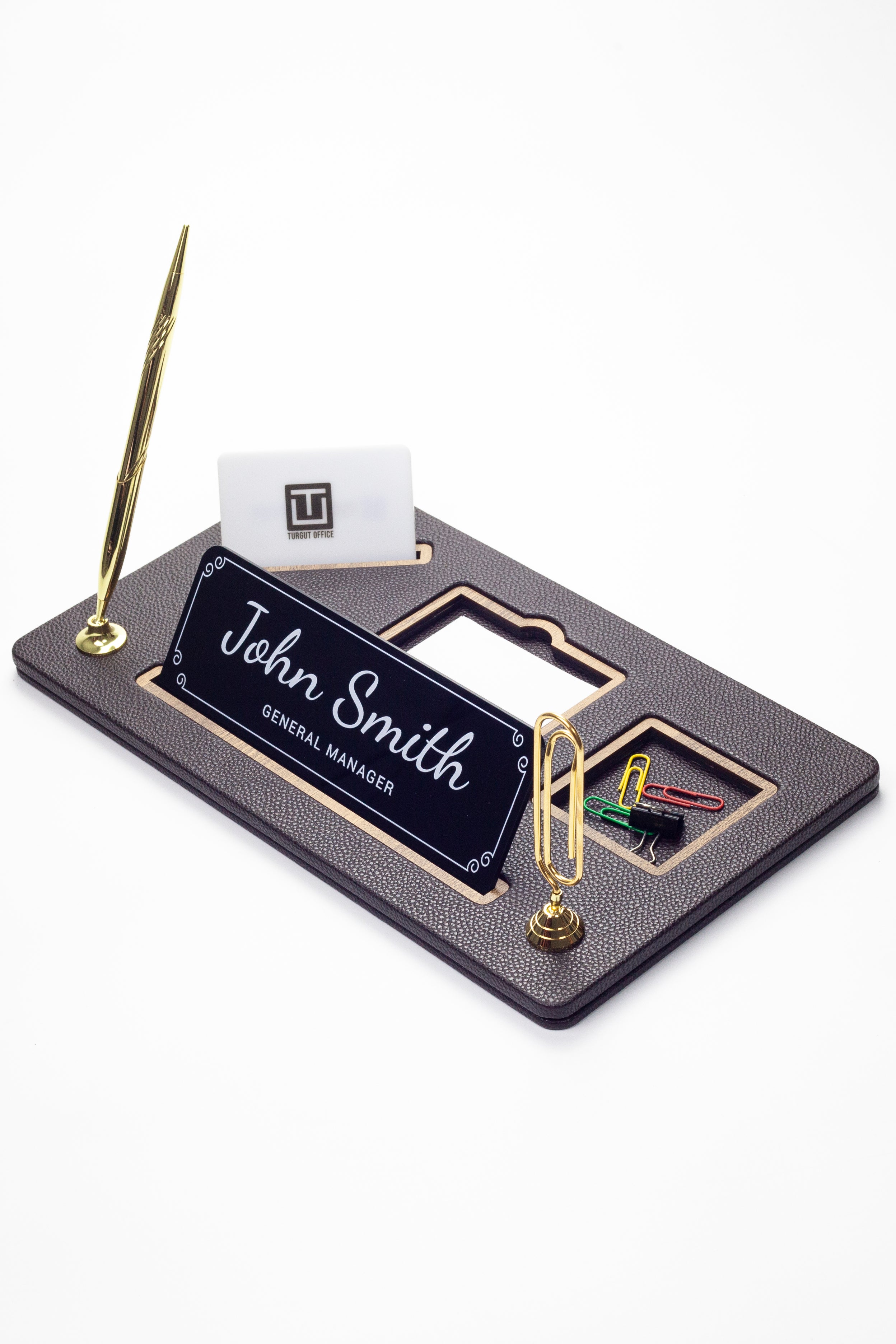 Organizer Leather Desk Nameplate Wood Detailed