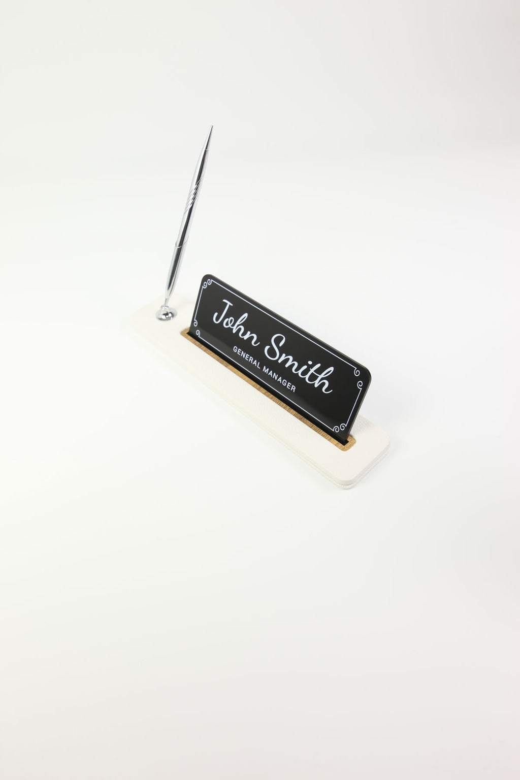 Leather Desktop Nameplate with Pen Black Wood Detail - Nameplate and Signature Pen