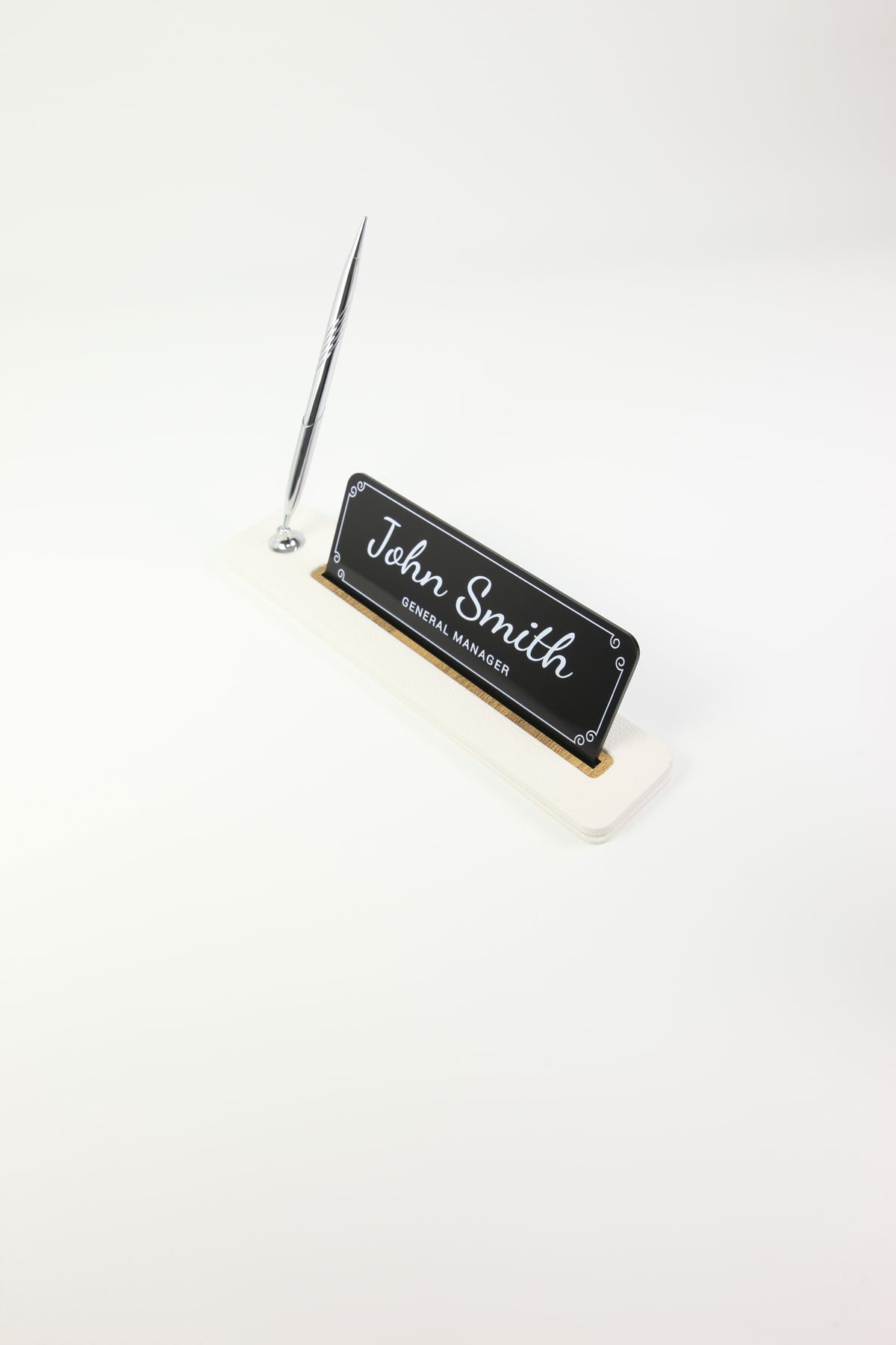 Leather Desktop Nameplate with Pen Black Wood Detail - Nameplate and Signature Pen