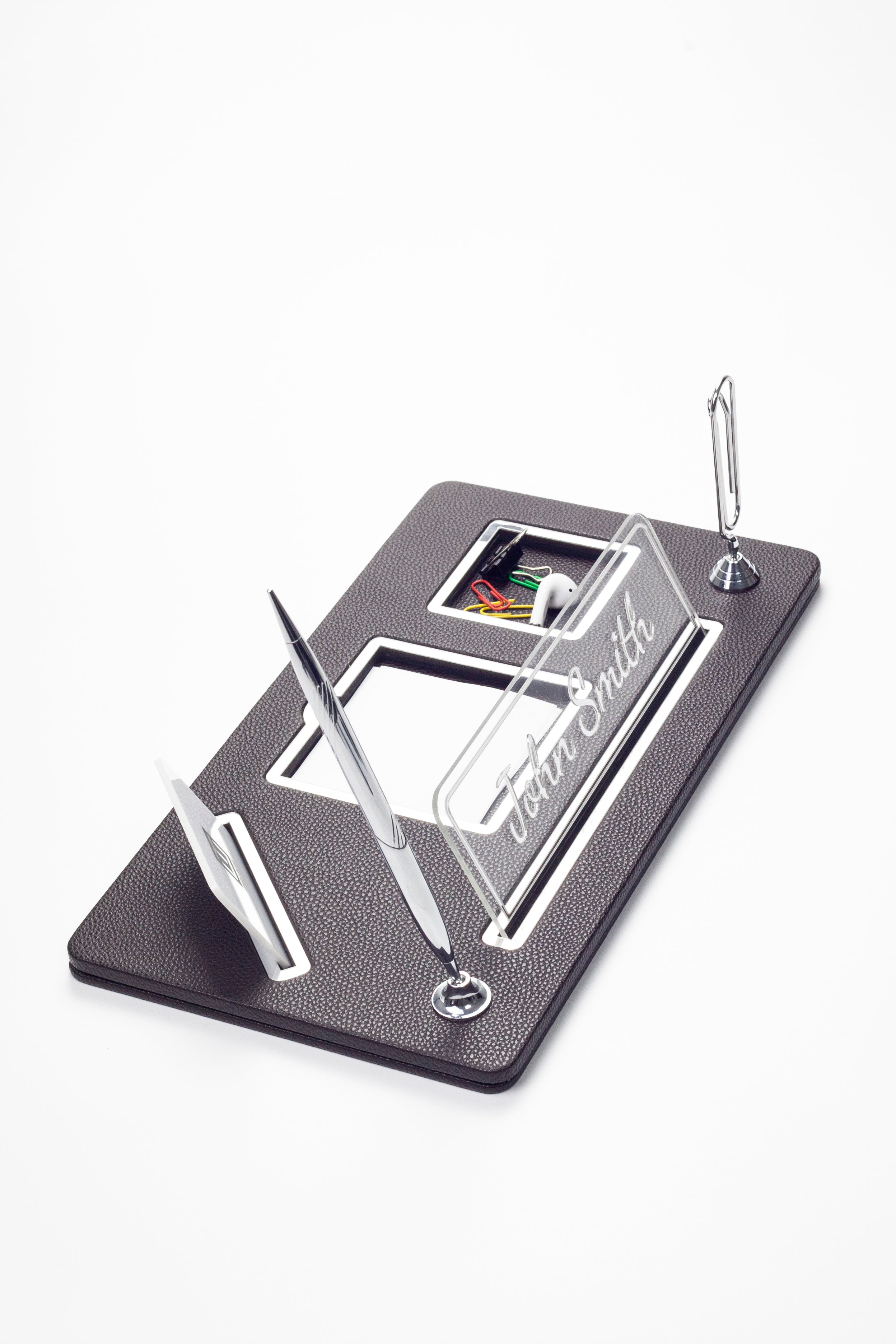Organizer Leather Desk Nameplate Chrome Detailed
