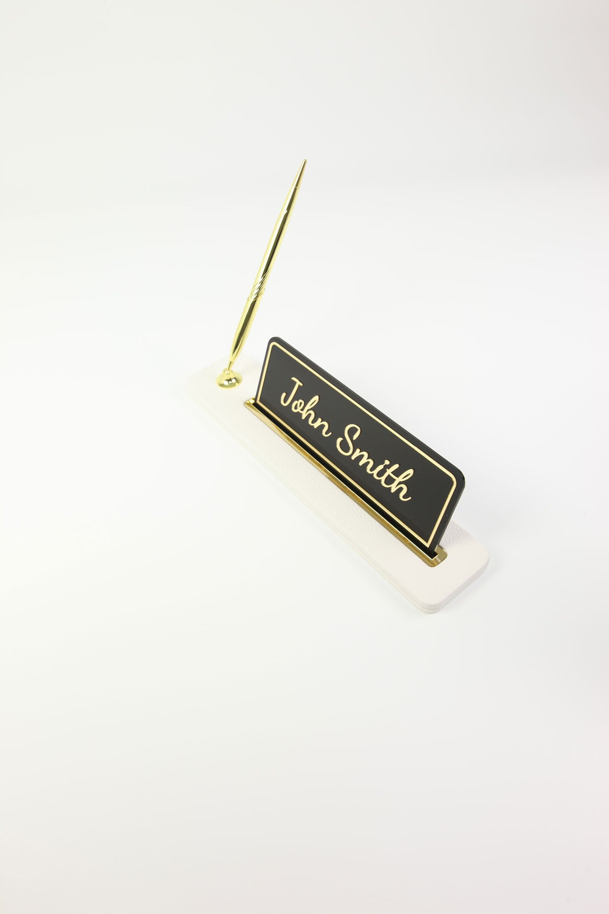 Leather Desktop Nameplate with Pen Black Gold Detailed - Nameplate and Signature Pen
