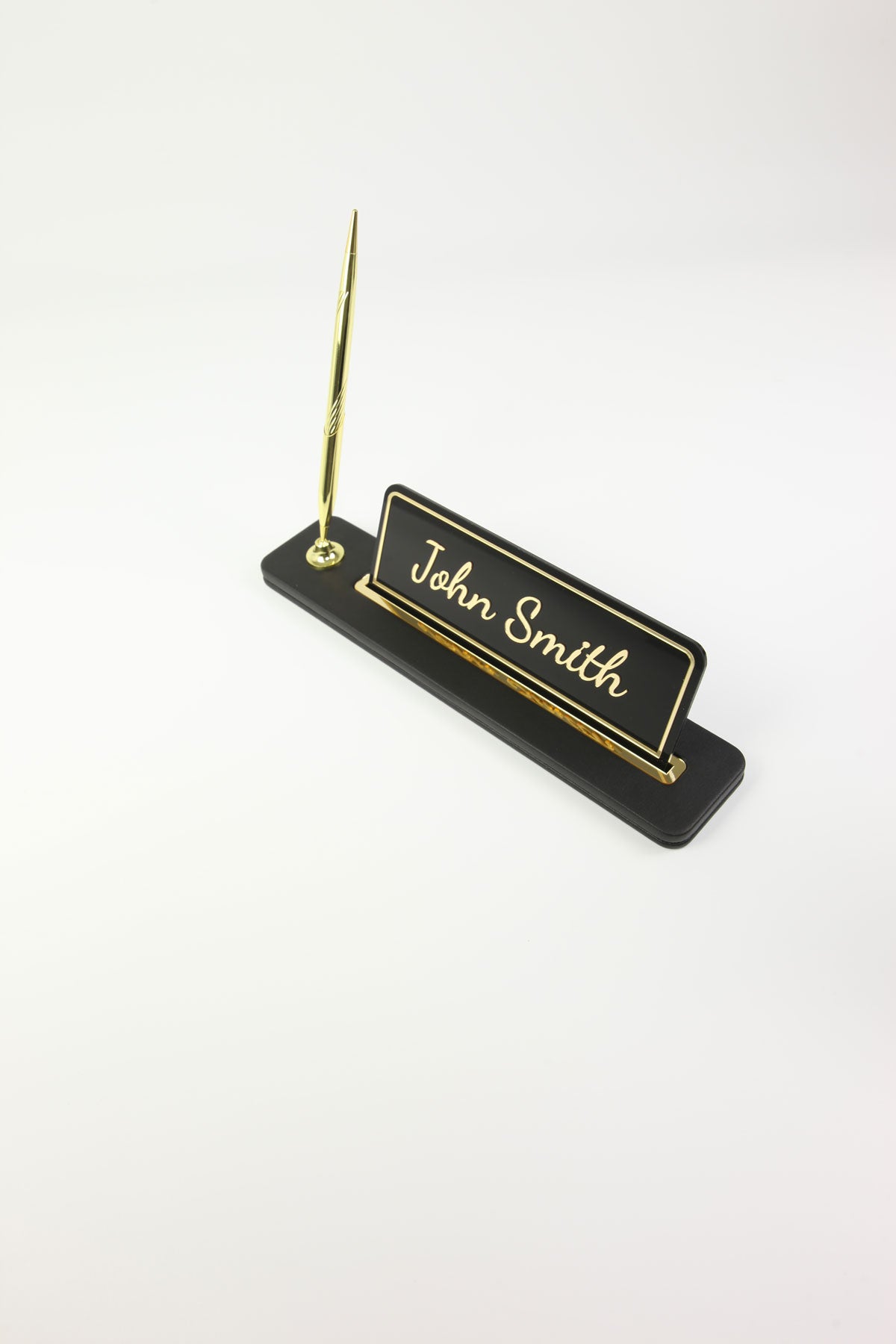 Leather Desktop Nameplate with Pen Black Gold Detailed - Nameplate and Signature Pen