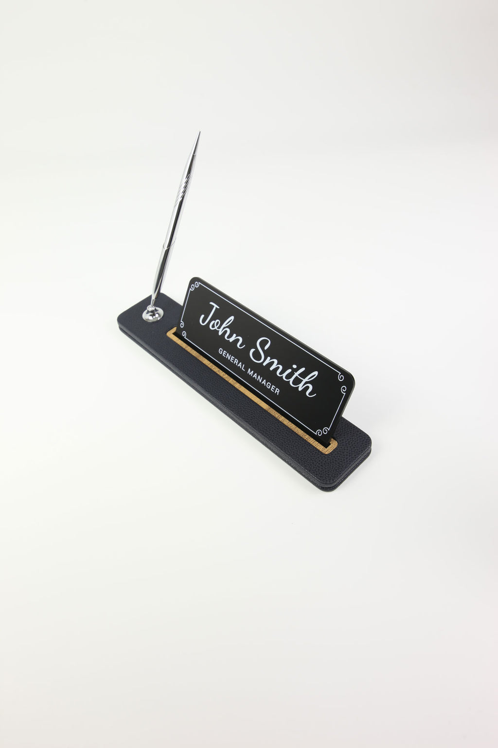 Leather Desktop Nameplate with Pen Black Wood Detail - Nameplate and Signature Pen