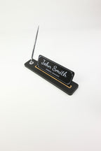 Leather Desktop Nameplate with Pen Black Wood Detail - Nameplate and Signature Pen
