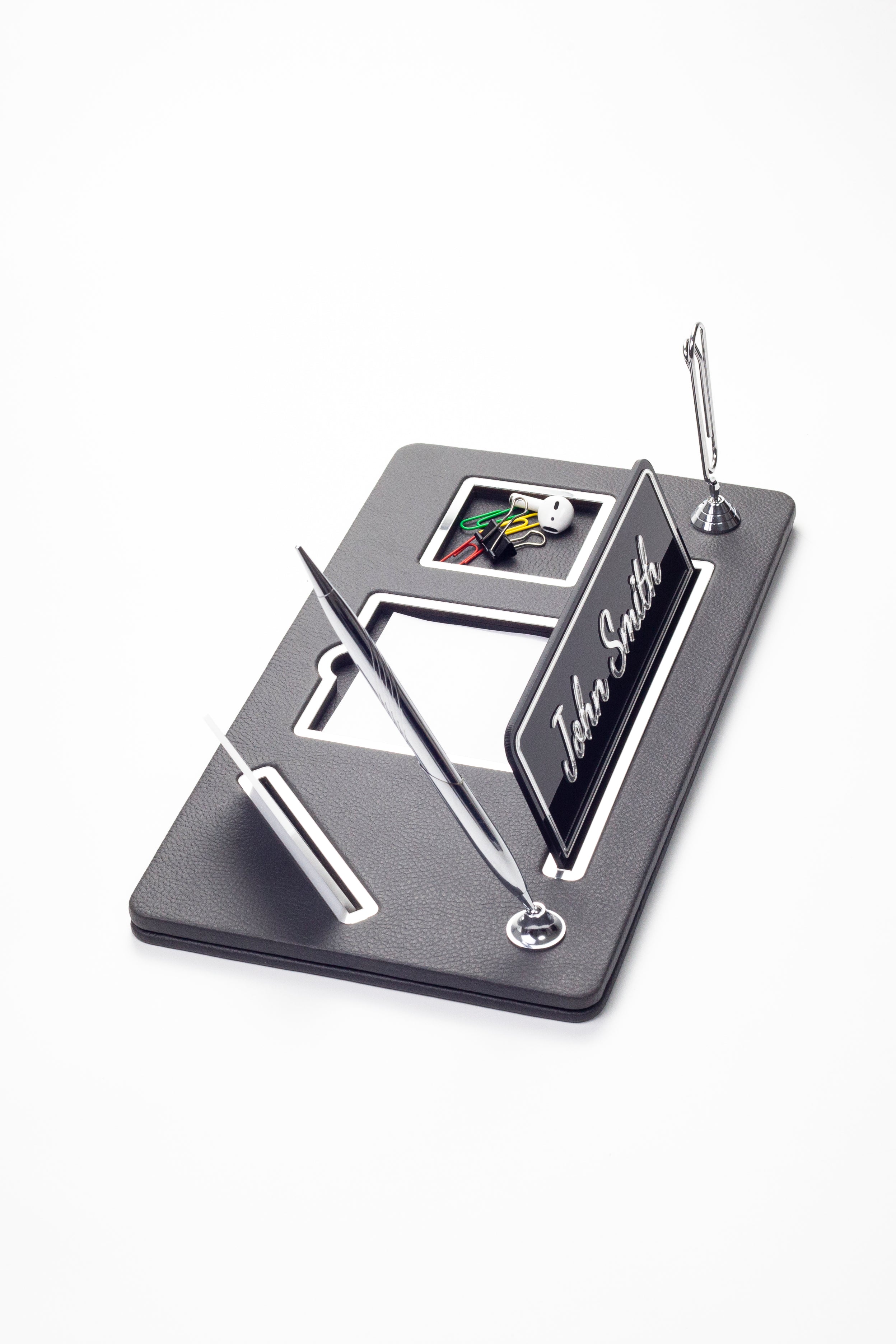 Organizer Leather Desk Nameplate Chrome Detailed