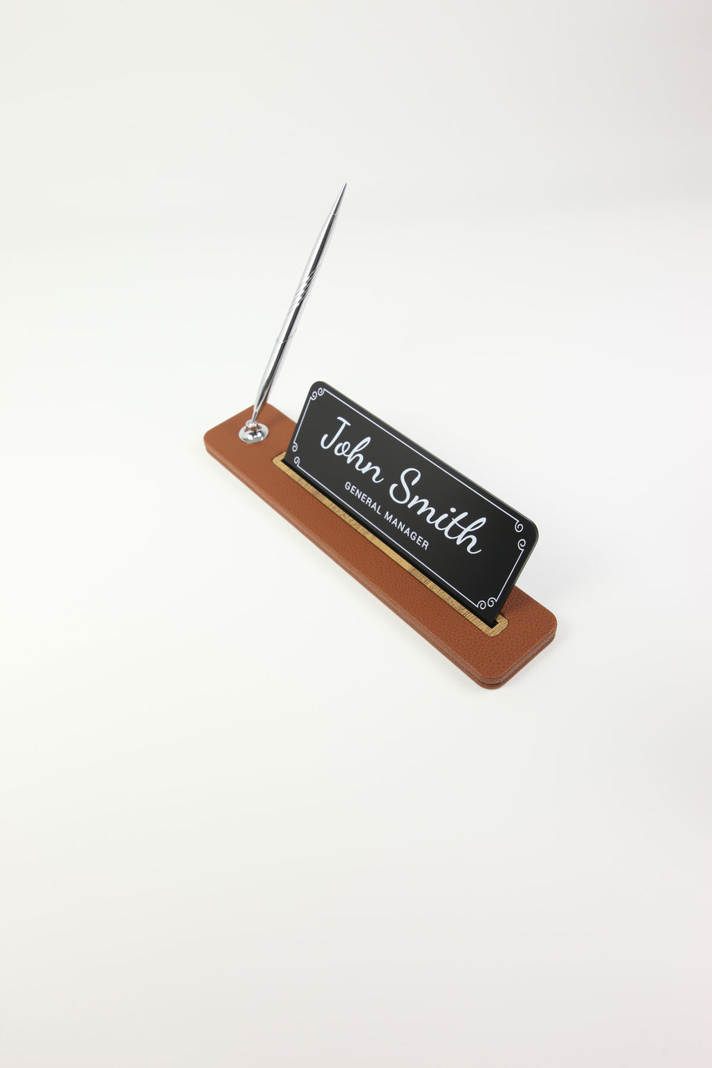 Leather Desktop Nameplate with Pen Black Wood Detail - Nameplate and Signature Pen