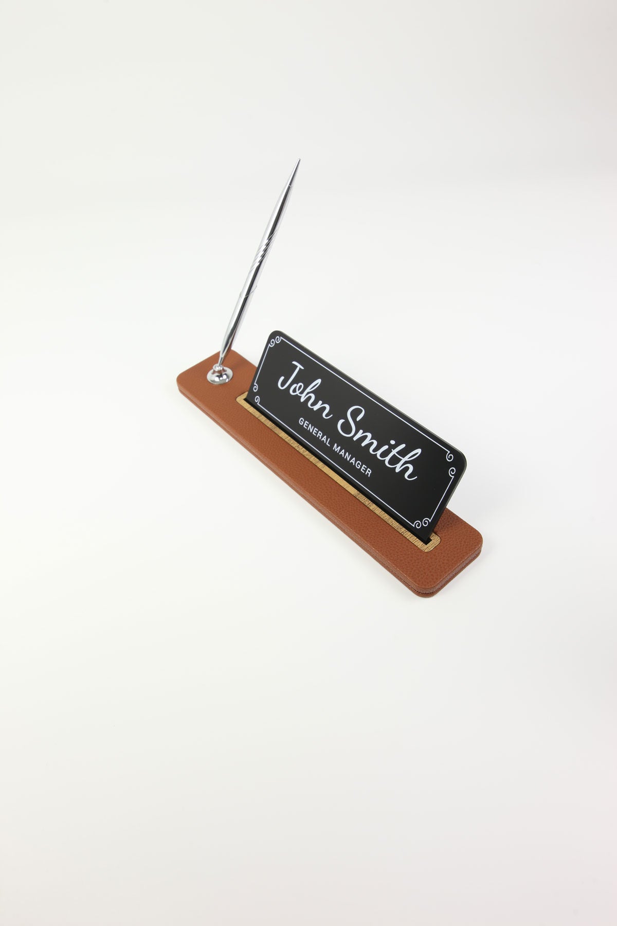 Leather Desktop Nameplate with Pen Black Wood Detail - Nameplate and Signature Pen