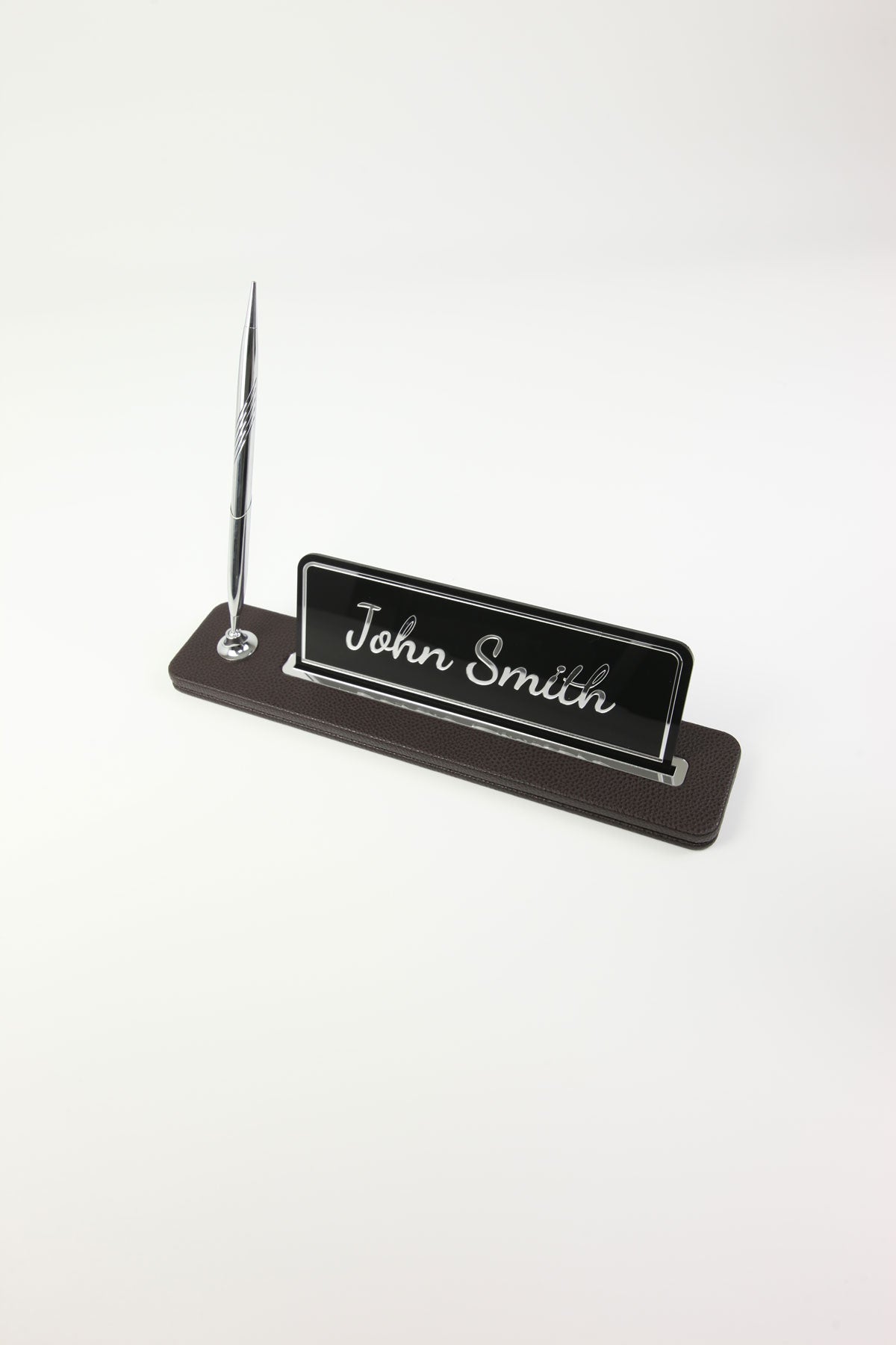 Leather Desktop Nameplate with Pen Black Chrome Detailed - Nameplate and Signature Pen