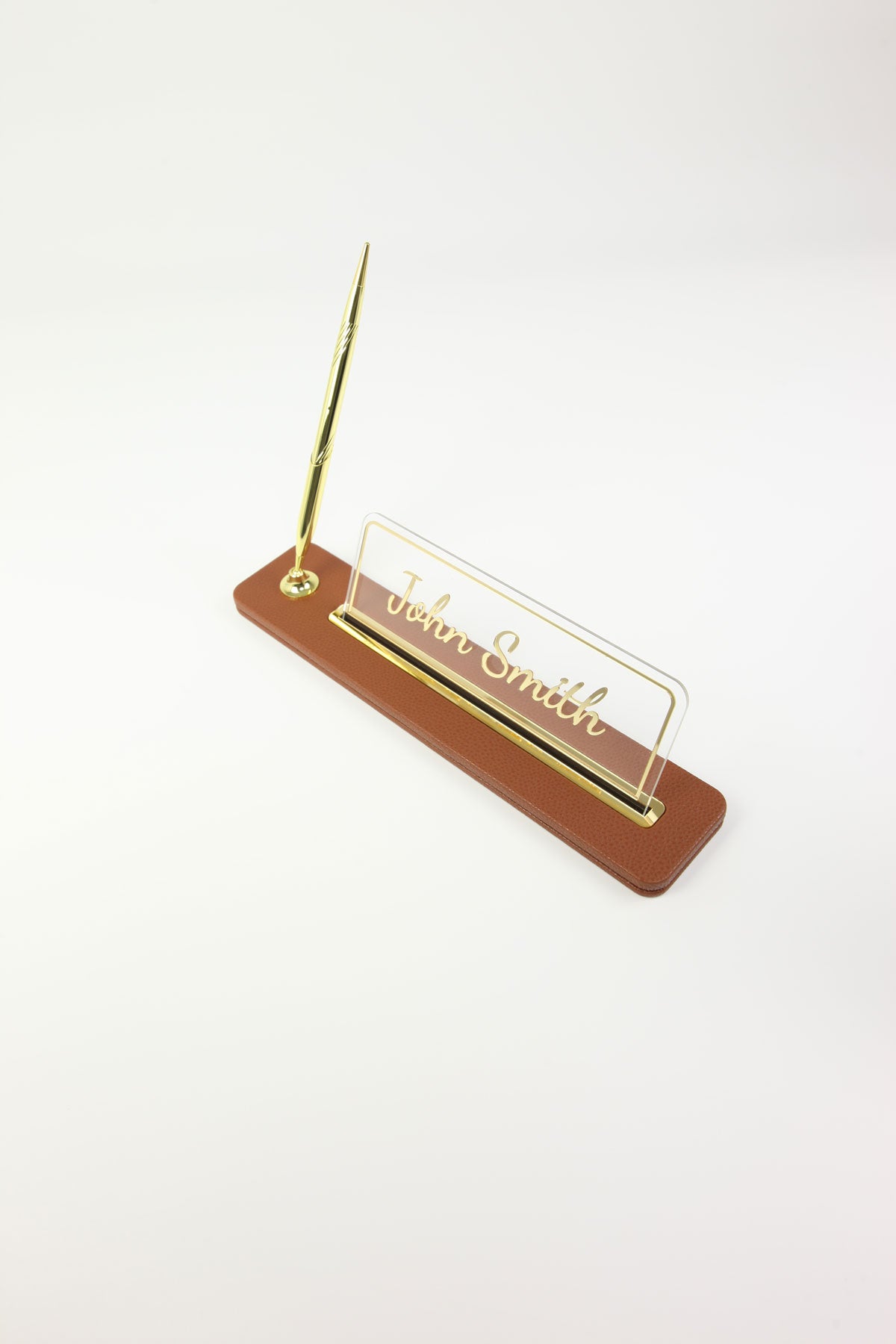 Leather Desktop Nameplate with Pen Black Gold Detailed - Nameplate and Signature Pen