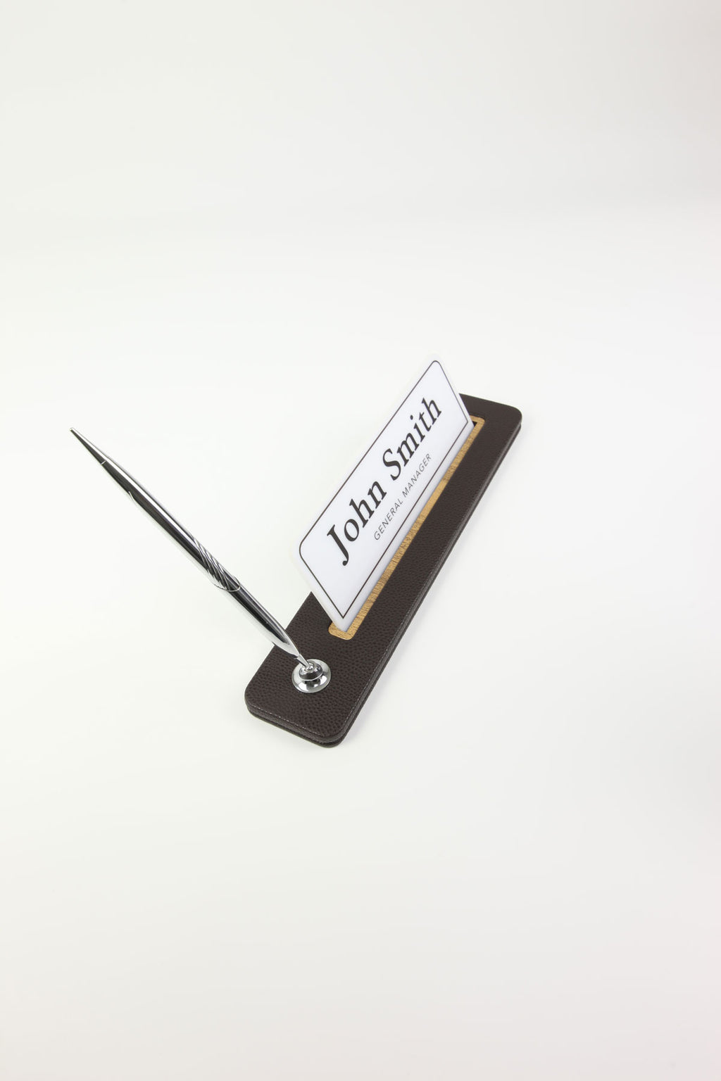 Leather Desktop Nameplate with Pen Black Wood Detail - Nameplate and Signature Pen
