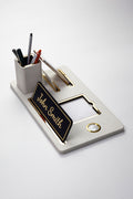 Desktop Nameplate Leather Organizer White Gold Detailed Clock and Pen Holder