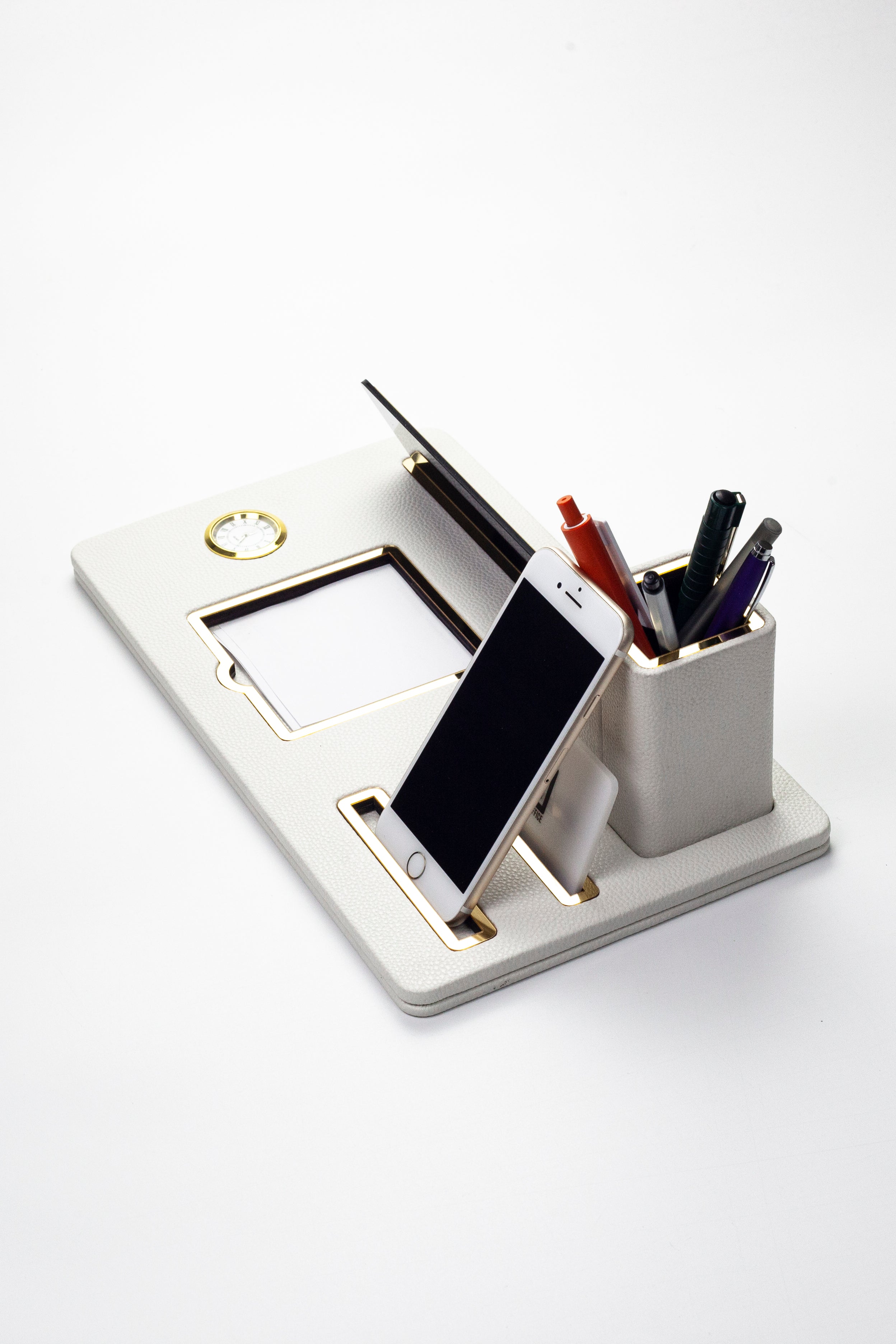 Desktop Nameplate Leather Organizer White Gold Detailed Clock and Pen Holder