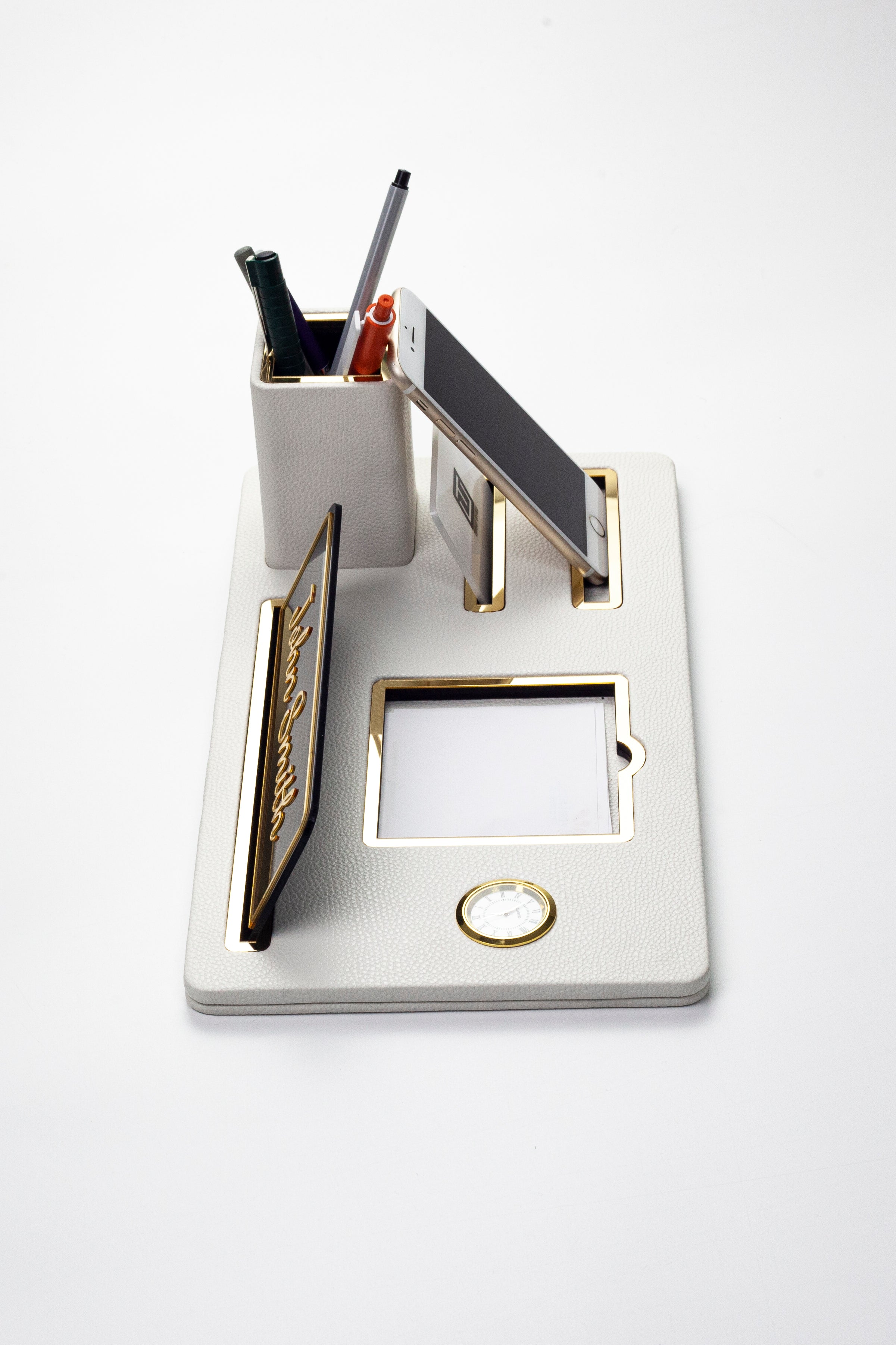Desktop Nameplate Leather Organizer White Gold Detailed Clock and Pen Holder