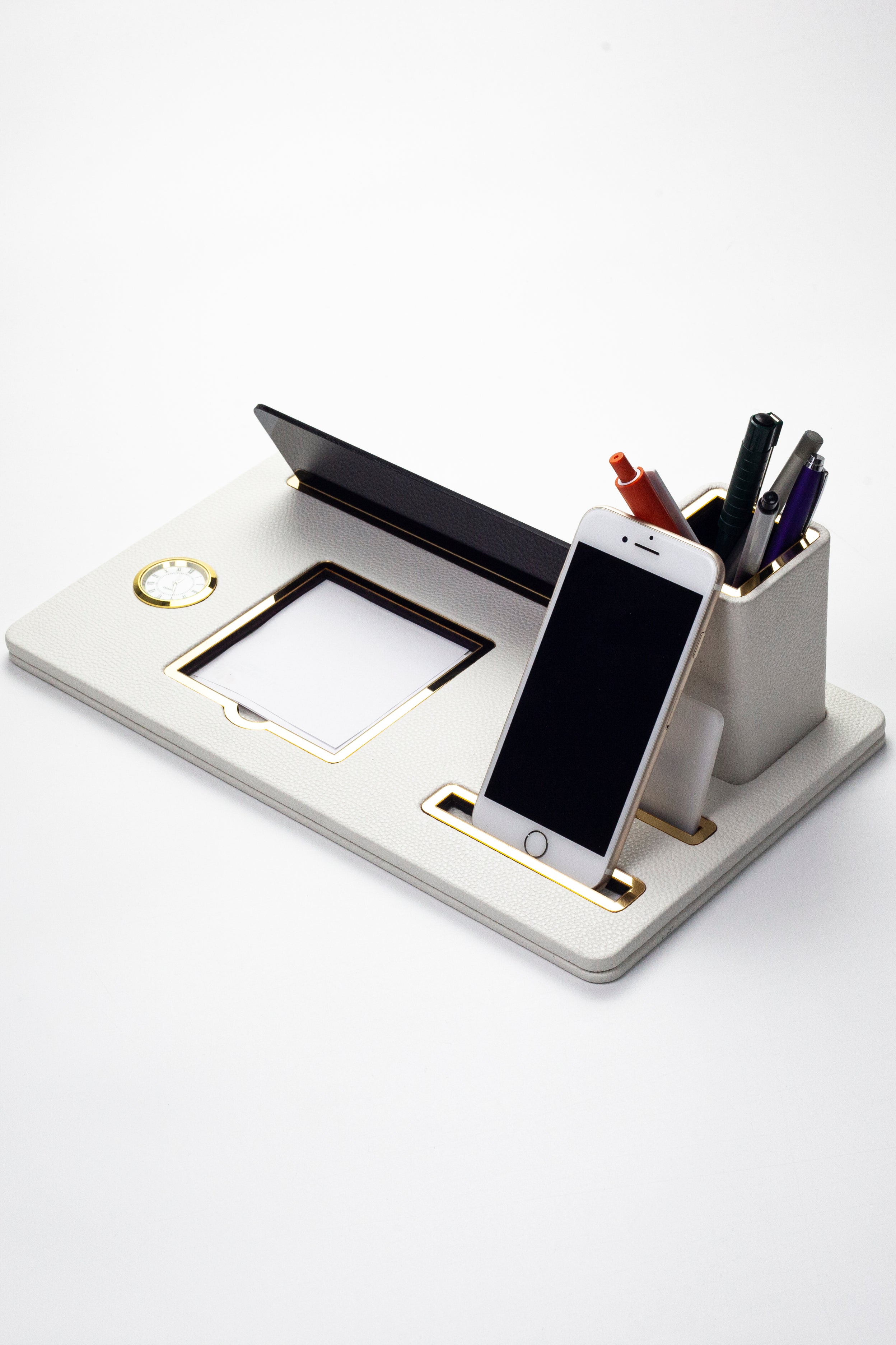 Desktop Nameplate Leather Organizer White Gold Detailed Clock and Pen Holder