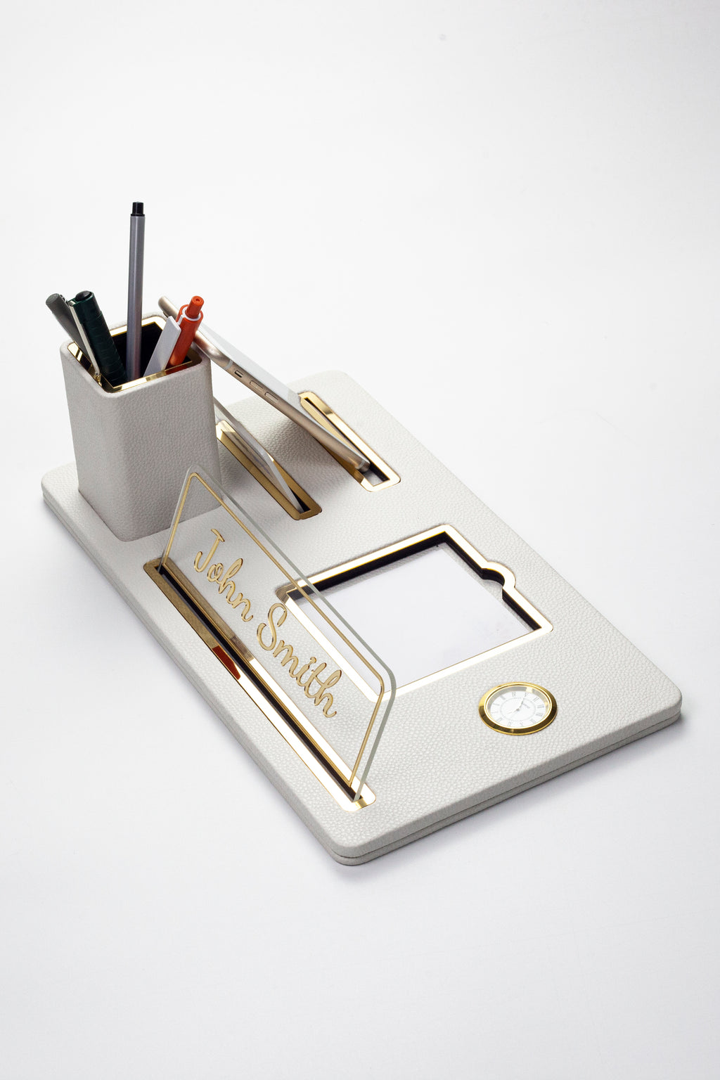 Desktop Nameplate Leather Organizer White Gold Detailed Clock and Pen Holder