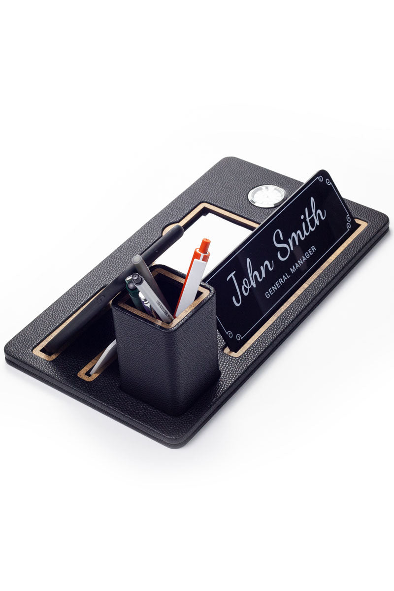 Desktop Nameplate Leather Organizer Black Wood Detailed Clock and Pen Holder