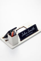 Desktop Nameplate Leather Organizer with White Wood Detailed Clock and Pen Holder