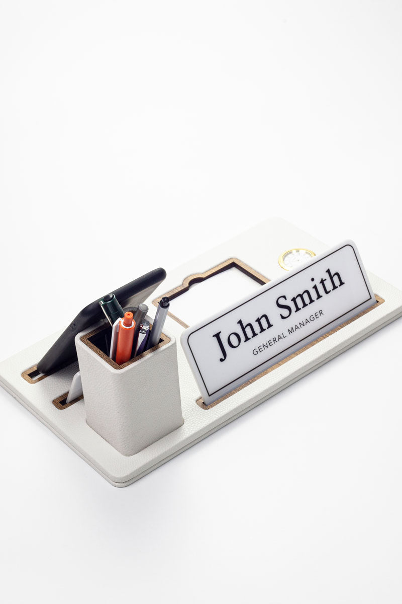 Desktop Nameplate Leather Organizer with White Wood Detailed Clock and Pen Holder