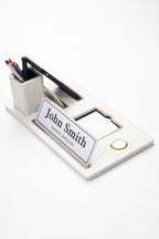 Desktop Nameplate Leather Organizer with White Wood Detailed Clock and Pen Holder