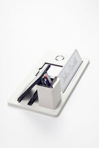 Desktop Nameplate Leather Organizer with White Chrome Detailed Clock and Pen Holder