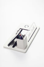 Desktop Nameplate Leather Organizer with White Chrome Detailed Clock and Pen Holder