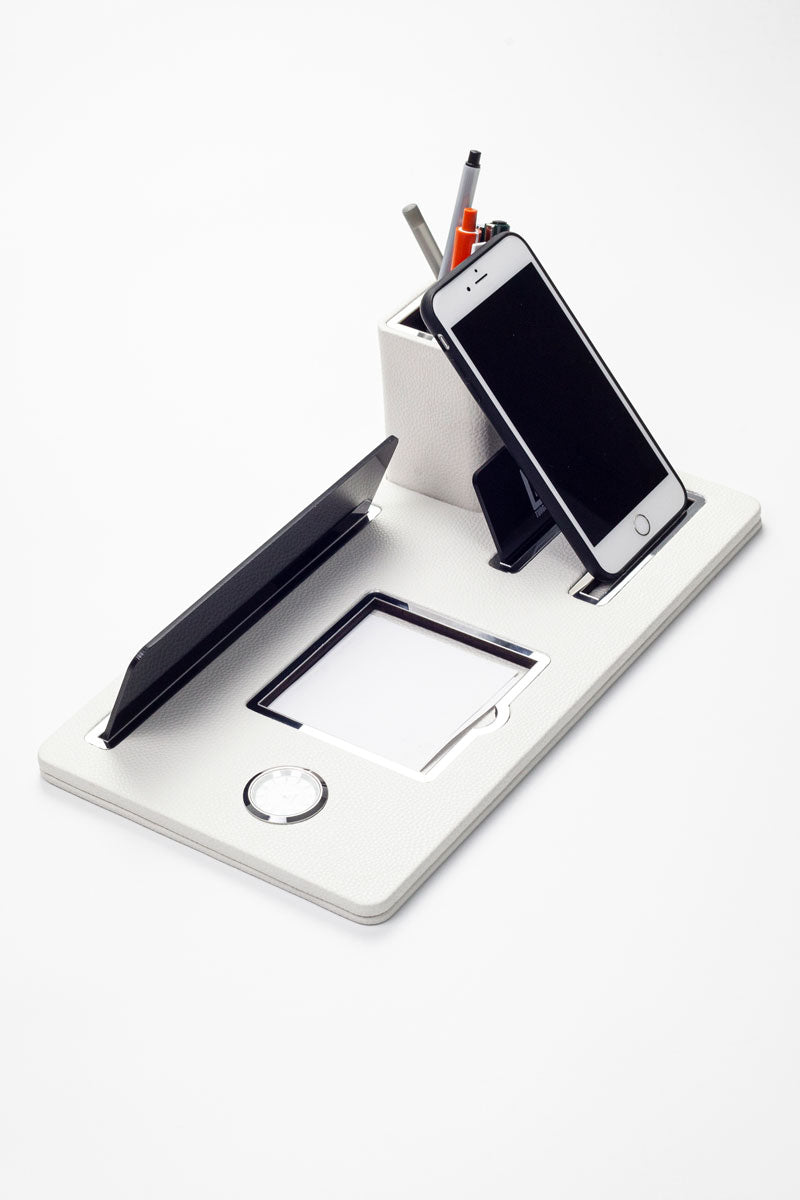 Desktop Nameplate Leather Organizer with White Chrome Detailed Clock and Pen Holder