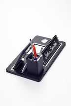 Desktop Nameplate Leather Organizer Black Chrome Detailed Clock and Pen Holder