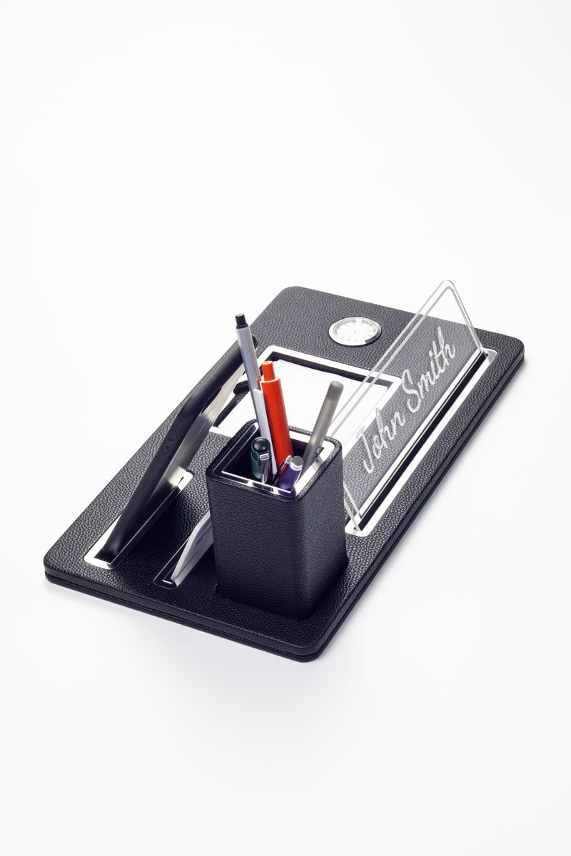 Desktop Nameplate Leather Organizer Black Chrome Detailed Clock and Pen Holder