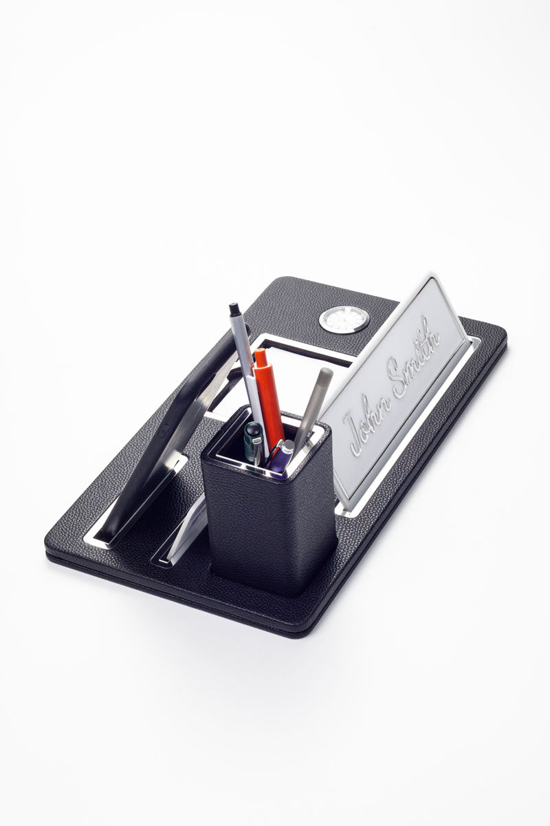 Desktop Nameplate Leather Organizer Black Chrome Detailed Clock and Pen Holder