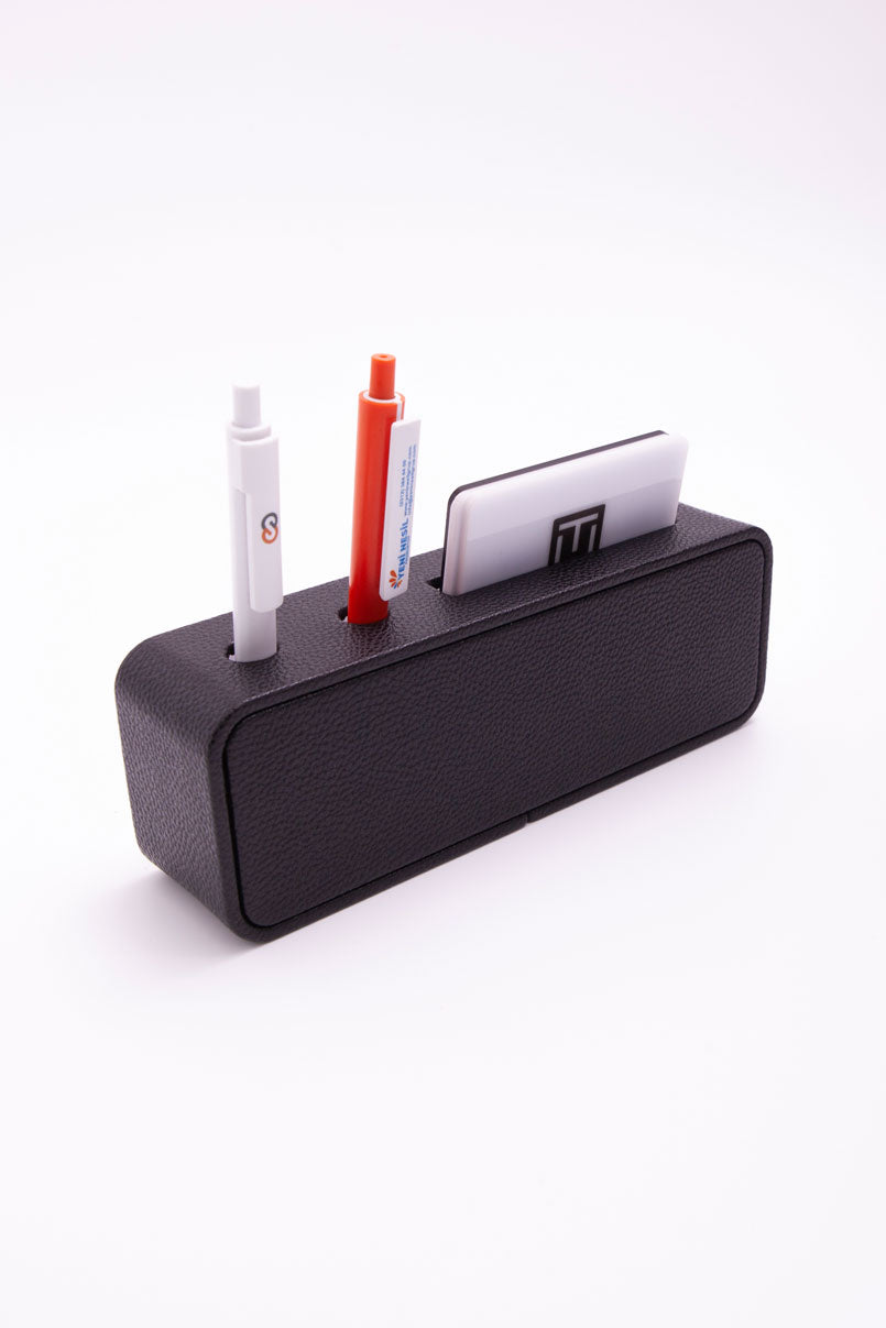 Leather Desk Nameplate with Black Pen and Business Card Holder, White Plate