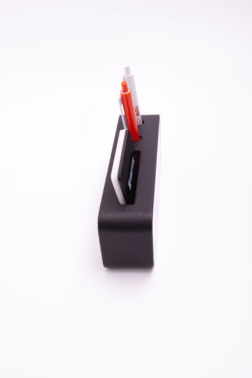 Leather Desk Name Holder with Black Pen and Business Card Holder, Black Plate