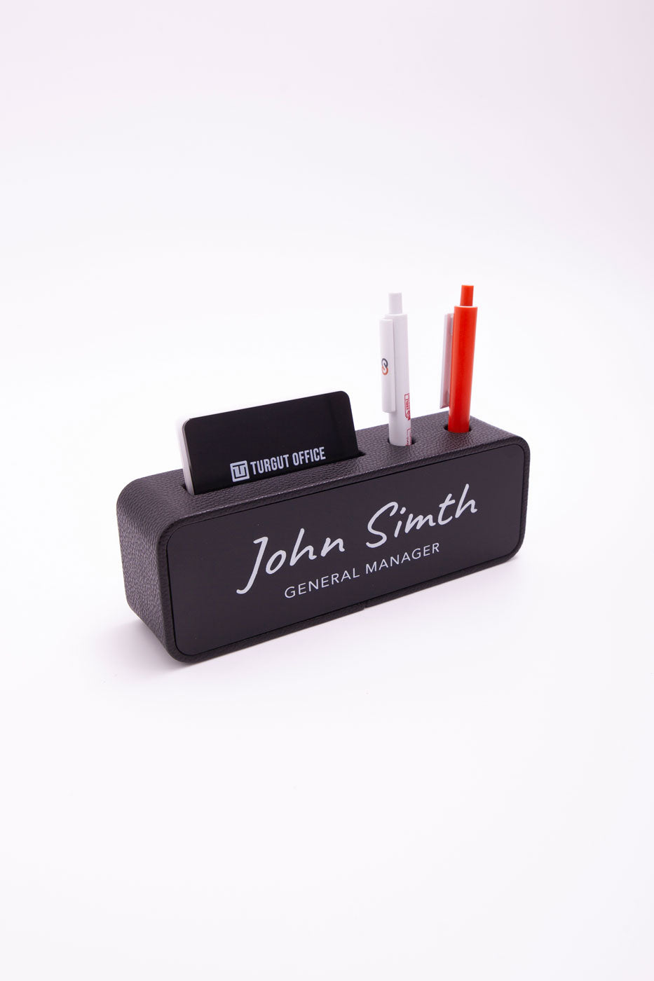 Leather Desk Name Holder with Black Pen and Business Card Holder, Black Plate