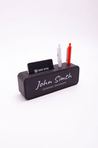 Leather Desk Name Holder with Black Pen and Business Card Holder, Black Plate