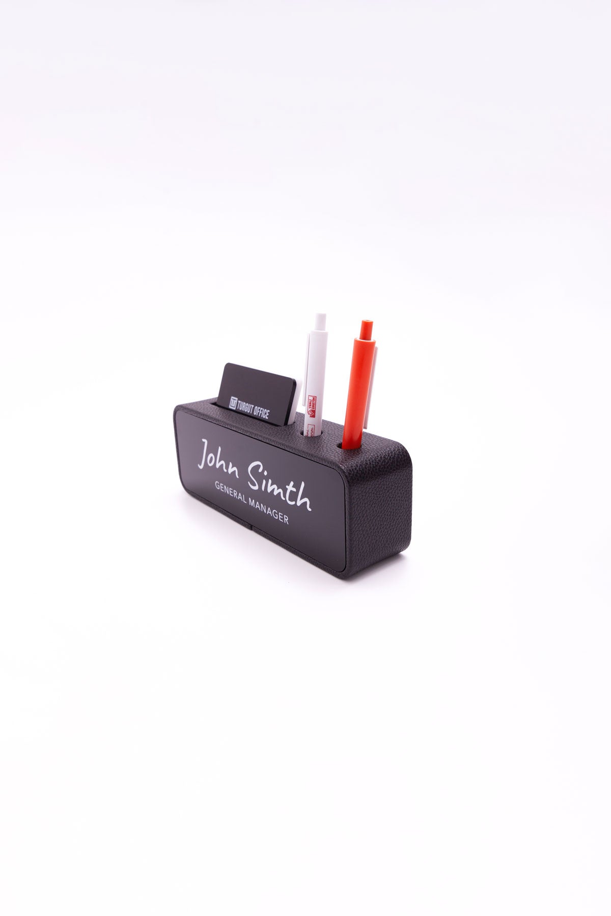 Leather Desk Name Holder with Black Pen and Business Card Holder, Black Plate