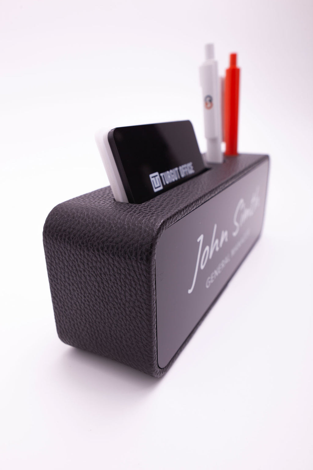 Leather Desk Name Holder with Black Pen and Business Card Holder, Black Plate