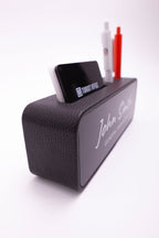 Leather Desk Name Holder with Black Pen and Business Card Holder, Black Plate