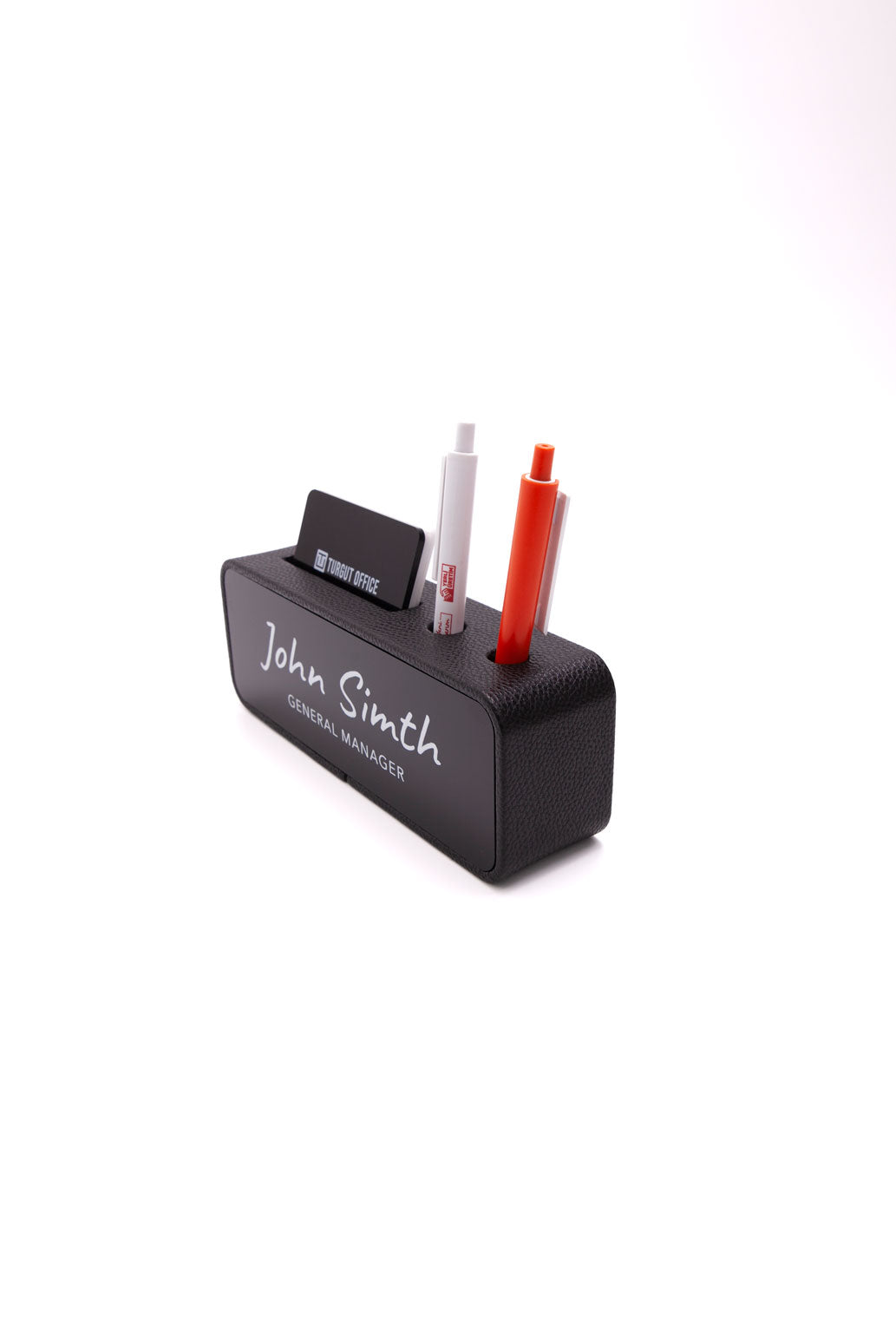Leather Desk Name Holder with Black Pen and Business Card Holder, Black Plate